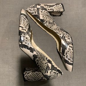 Marc Fisher, black and white snake print, 2 inch heel and pointed closed toe.